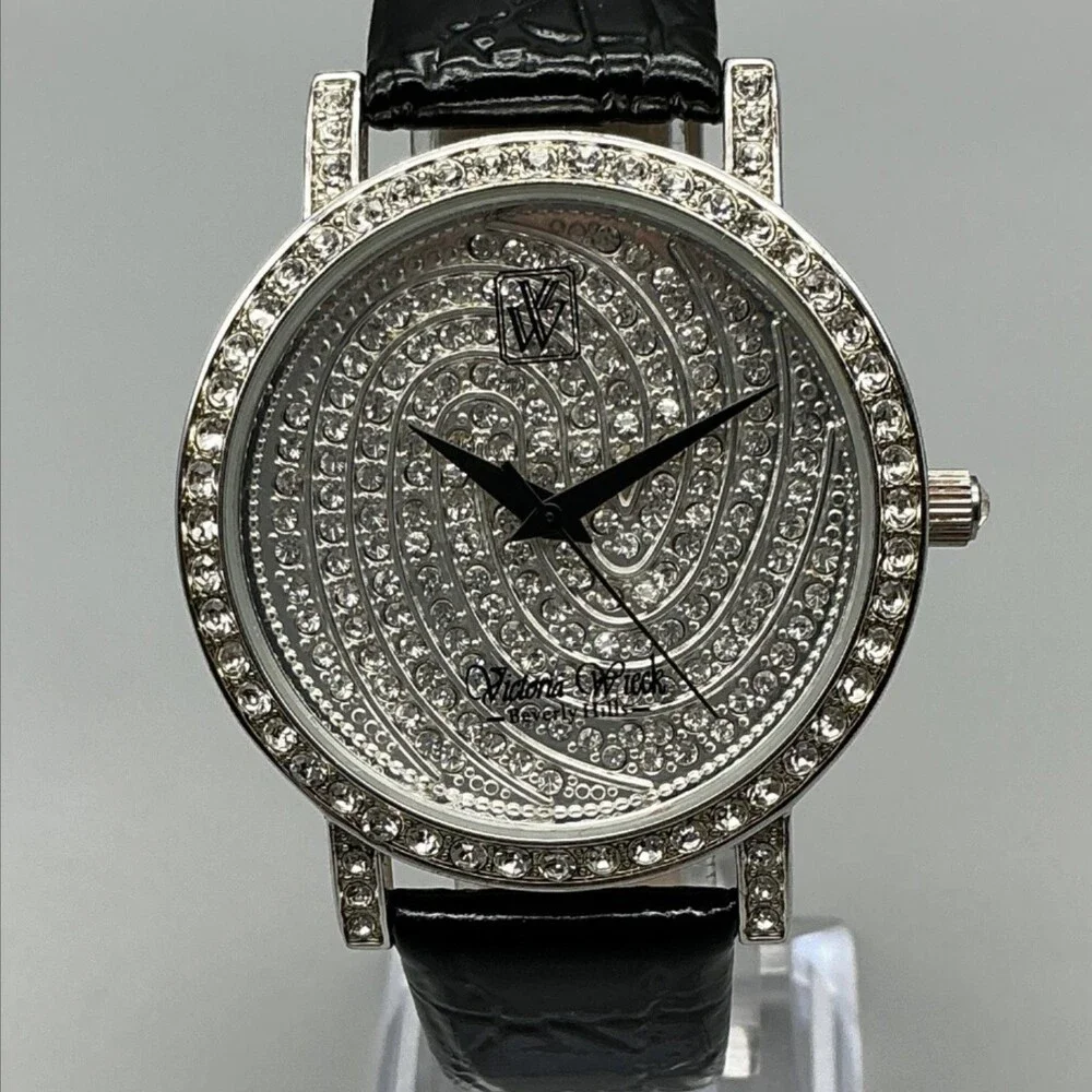 Victoria Wieck B9655 Womens Watch 38mm Silver Tone Crystals Leather New Battery
